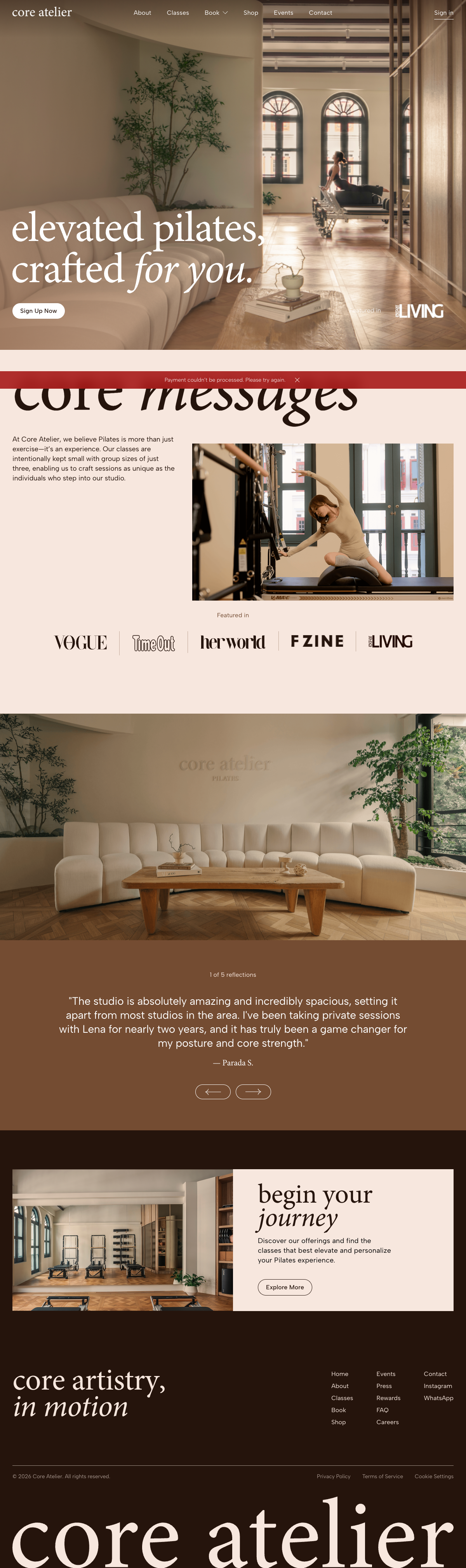 Core Atelier Pilates homepage